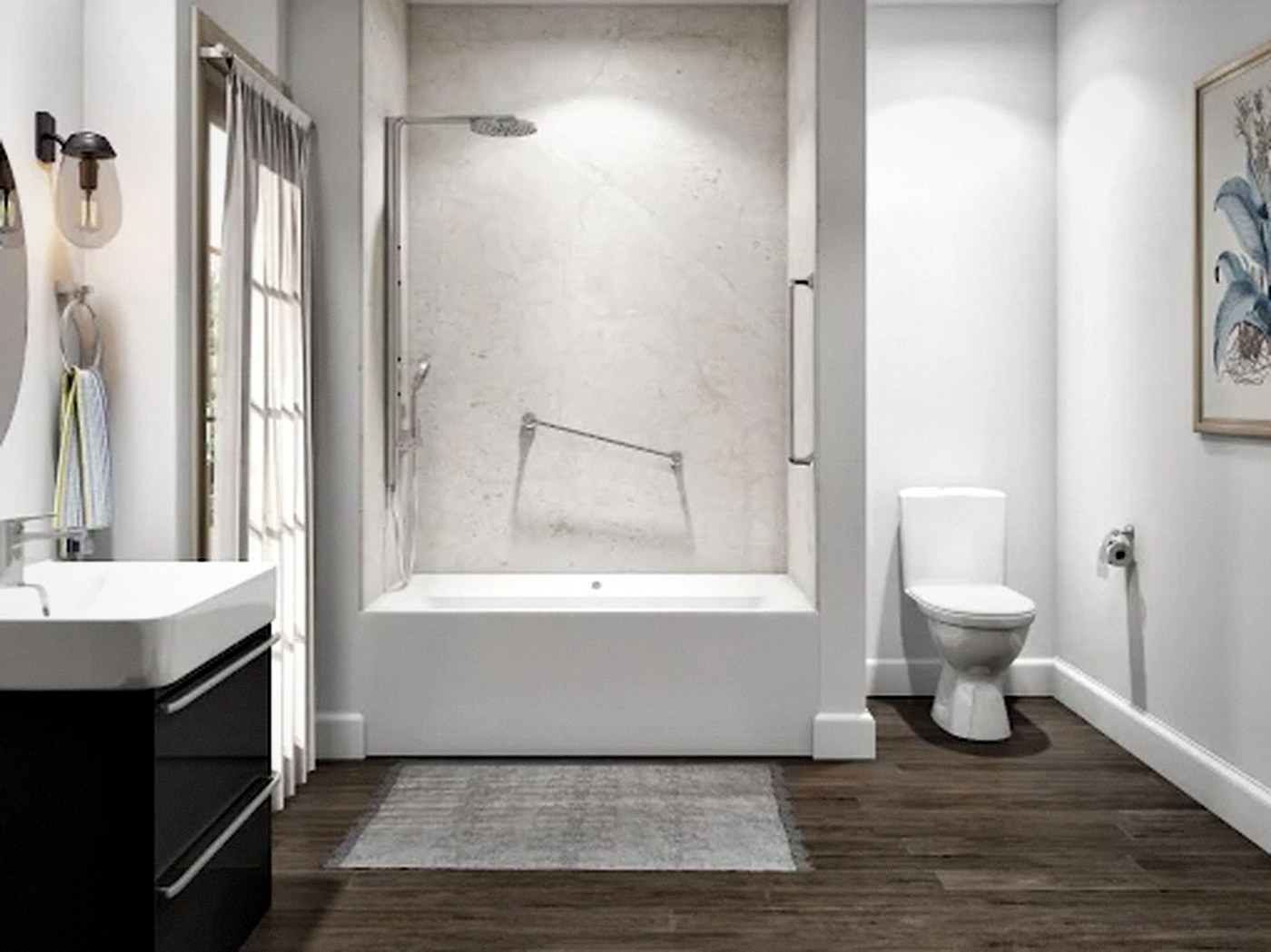 Bathroom remodel with a floating black vanity, stone-look tub surround and wood-look flooring in Denver, CO